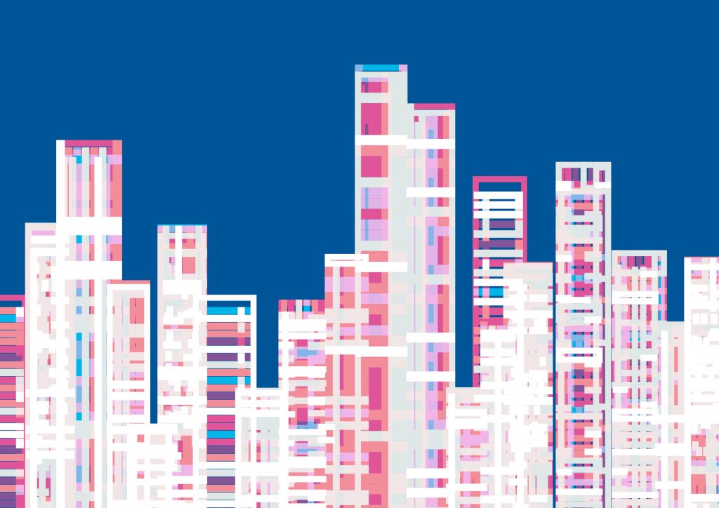 Dessin abstrait représentant une ville moderne avec des buildings de couleur rose et bleu