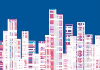 Dessin abstrait représentant une ville moderne avec des buildings de couleur rose et bleu