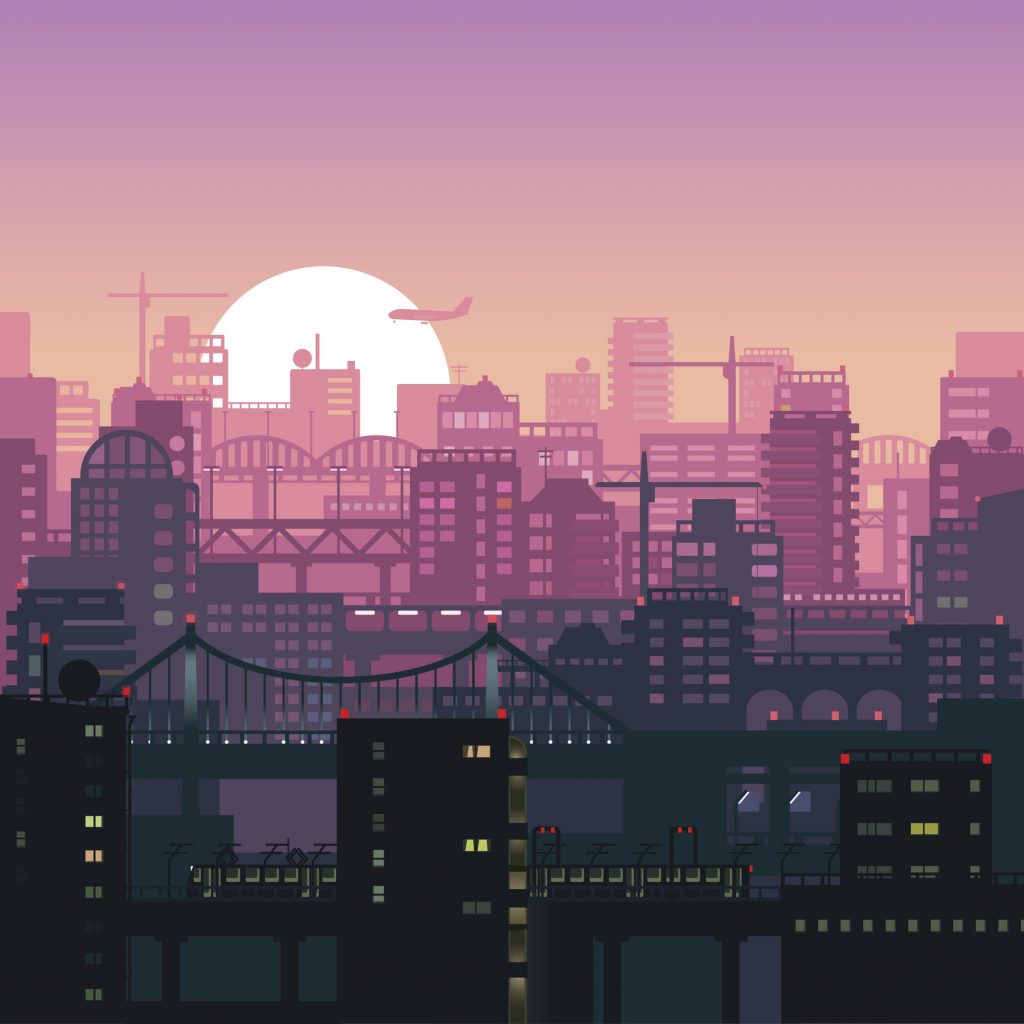 un ville moderne, type New-York, dans les tons rose, coucher de soleil en fond