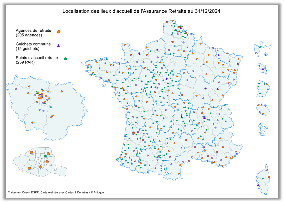 Carte de France recensant les 205 agences de retraite, les 15 guichets communs et les 259 points d'accueil retraite au 31 décembre 2024.