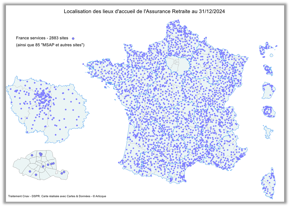 Carte de France recensant les 2883 sites France services au 31 décembre 2024.